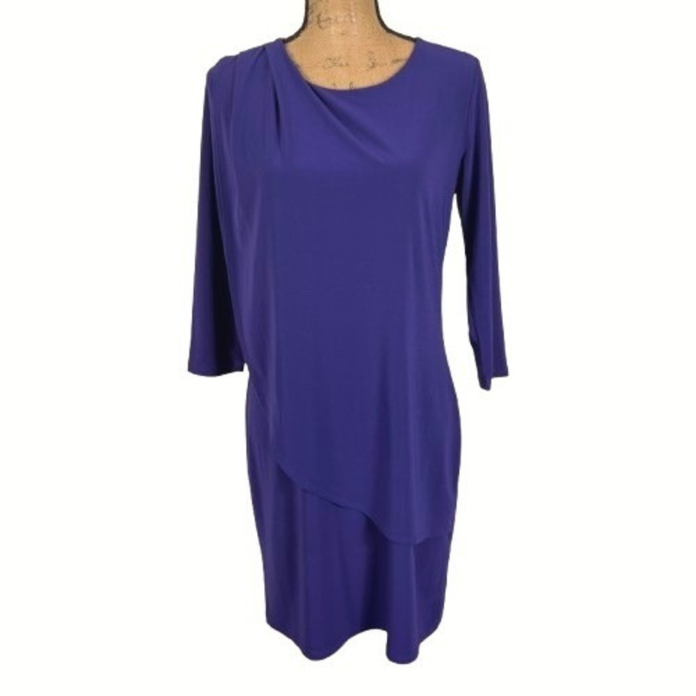 Clara Sun Woo Draped Crossover Tulip Hem Dress 3/4 Sleeve Slinky Chic Size Small